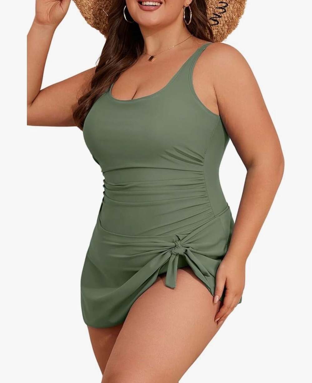 Eomenie Women's One Piece Ruched Swimdress, Tie Knot, Tummy Control Size 20W